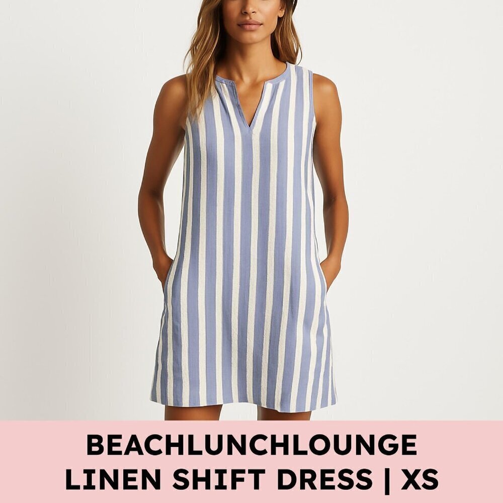 Beachlunchlounge Linen Blend Striped Shift Dress Pockets XS Blue White Vacation - Picture 10 of 10